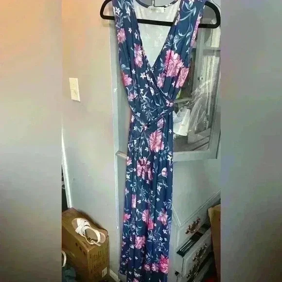 Sleeveless V Neck Vintage Floral Faux Wrap Maxi Dress (M) - Picture 5 of 5